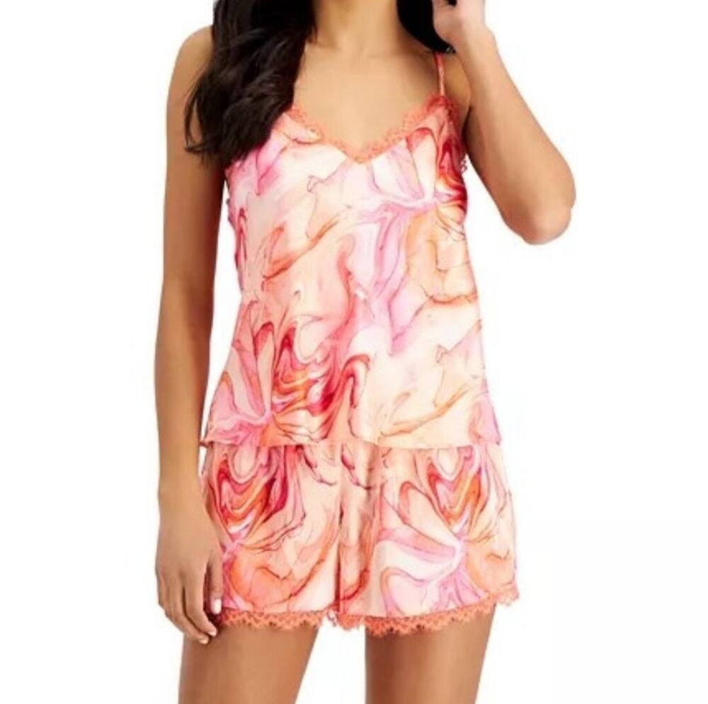 INC International Concepts Lace-Trim Satin Cami & Shorts Pajama Set Pink Marble